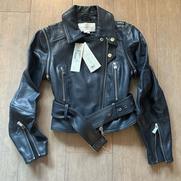 Veronica Beard NWT $1,598 size 0 Jylan Navy Blue Leather Moto Jacket - Picture 2 of 11